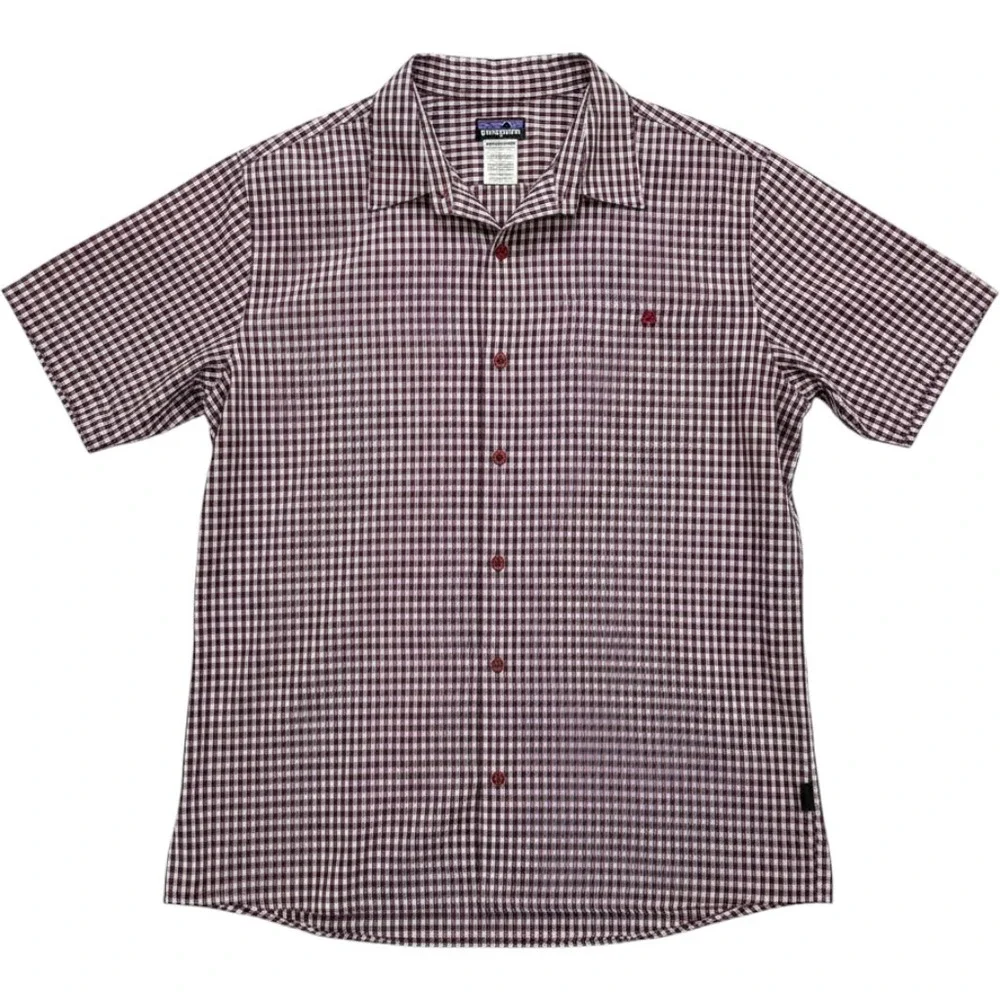 Patagonia Mens XL Short Sleeve Gingham Seersucker Button Down Shirt Burgundy - Picture 1 of 9